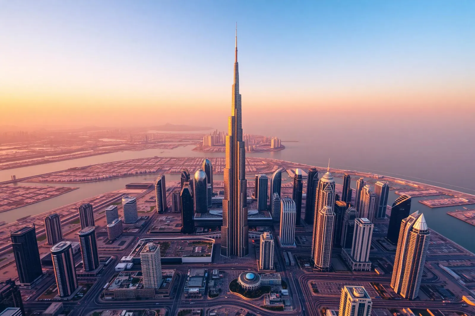 Dubai skyline featuring Burj Khalifa at golden hour